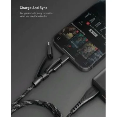 ENERGEA NYLOFLEX 3-IN-1 MICROUSB + LIGHTNING MFI (C89) + USB-C  CHARGE & SYNC CABLE, 1.5M BLACK